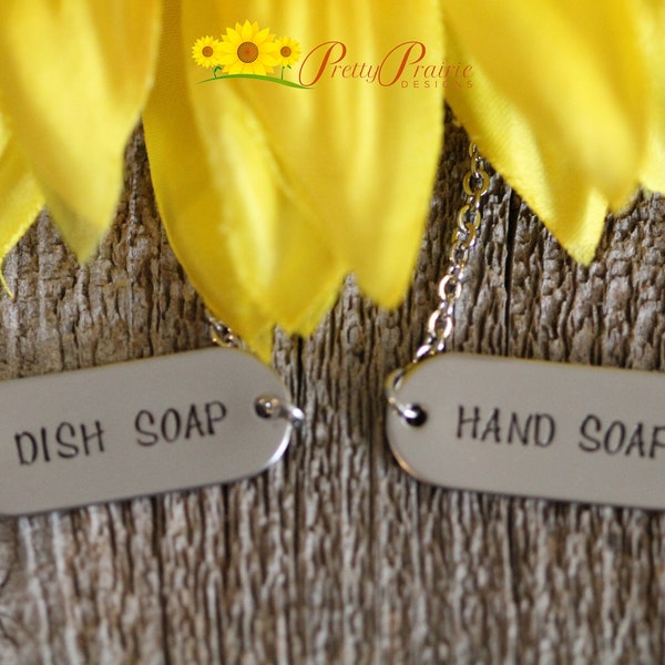 Stainless Soap Dispenser Labels, Mason Jar Tags, Hand Stamped, Bottle Labels, Metal Tags, Farmhouse Style Labels, Shower Conditioner Labels