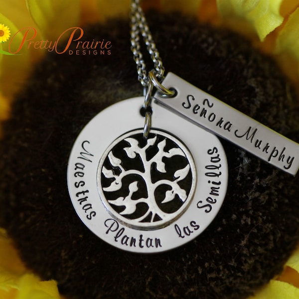 Maestras Plantan Las Semillas Teacher Necklace, ESL Teacher Gift, Spanish Teacher Gift, Hand Stamped, Teacher Keychain, Plant the Seeds