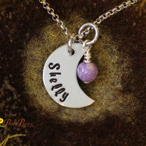 Personalized Pewter Moon Necklace, Birthstone, Daughter Gift, Hand Stamped, Celestial Jewelry, Power, Change Symbol, Love You To the Moon
