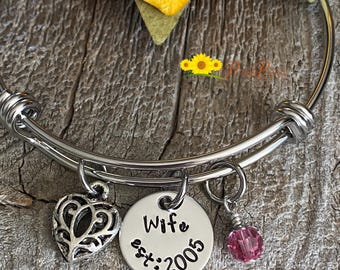 Anniversary Bangle, Hand Stamped Bracelet, Present for Wife, Wife Valentine Gift, Personalized Anniversary Jewelry, Custom Heart Bracelet