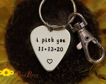 I Pick You Guitar Keychain, Perfect Gift for Spouse, Boyfriend, or Girlfriend, Hand Stamped, Custom, Metal, Personalized, Music Gift