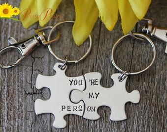 You're My Person Puzzle Piece Keychains, Set of 2, Hand Stamped, Personalized, Couples Gift, BFF Gift, Anniversary Present, His and Her Gift