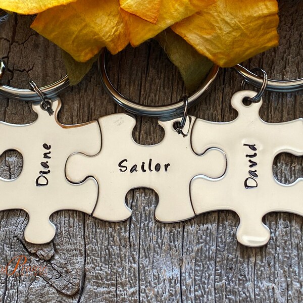 Name Puzzle Piece Keychain Set, Hand Stamped, BFF Puzzle Piece Gift, Sisters, Mother Daughter Jewelry, Sorority Sisters, Couple Keychain Set