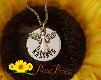 Believe Necklace, Angel Jewelry, Hand Stamped, Spiritual Gift, Angel Keychain, Religious Necklace, Godmother Gift, First Communion, Memorial