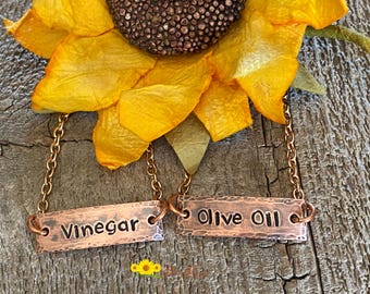 Hammered Oil Labels, Hand Stamped Kitchen Dispenser Tags , Custom Dressing Labels, Rustic Cooking Decor