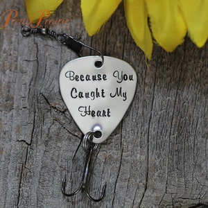 Because You Caught My Heart Fishing Lure, Custom Anniversary Gift, Husband or Boyfriend Present, Hand Stamped Fishing Hook, Angler Gift