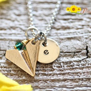 Personalized Gold Paper Plane Necklace, Pilot Necklace, Flight Attendant Jewelry, Initial Plane Necklace, Origami Plane Charm, Traveler Gift