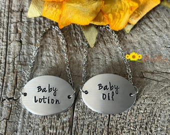 Bathroom Dispenser Labels, Farmhouse Style Tags, Hand Stamped Bottle Organizers, Metal Chain Tags