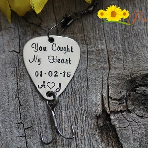 You Caught My Heart Fishing Lure, Initial Lure, Anniversary Gift for Fisherman, Hand Stamped Fish Hook, Custom Fishing Lure, Fishing Gift