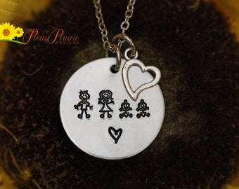 My Family Stick Figure Necklace, Hand Stamped Gift, Mommy Necklace, Gift for Mom, Mother's Day Gift, Heart Charm, Personalized Disc Jewelry