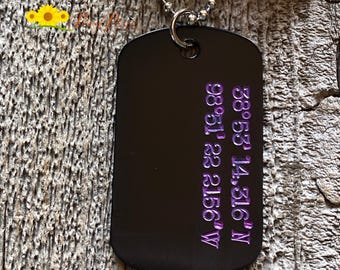 Coordinates Dog Tag Necklace, Latitude Longitude Necklace, Custom Coordinates Necklace for Him, Black Dog Tag, Unisex Anniversary Necklace