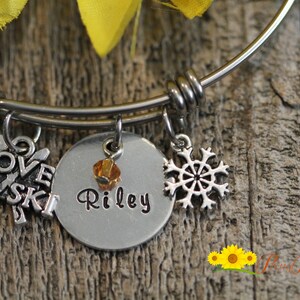 Personalized Ski Bangle, Ski Bracelet, Gift for Skier, Ski Jewelry, Love to Ski, Hand Stamped Ski Jewelry, Ski Daughter Gift, Winter Sport