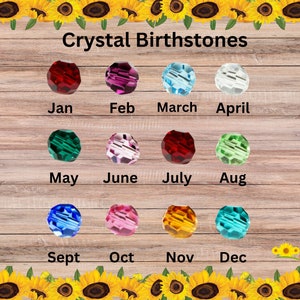 May include: A chart showing the crystal birthstones for each month of the year. The chart is on a wooden background with sunflowers around the border. The birthstones are displayed in a circle with the month name below each stone.