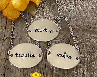 Metal Liquor Bottle Labels, Decanter Tags, Hand Stamped Liquor Labels, Custom Liquor Spirits Tag