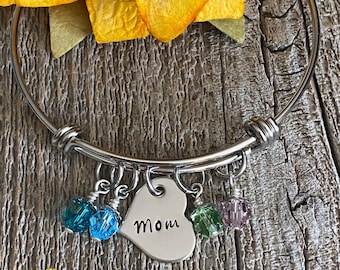 Mom Bangle, Birthstone Bangle, Hand Stamped Bracelet, Stainless Bangle, Mother's Day Jewelry, Kid's Birthstone Bracelet, Custom Mom Jewelry