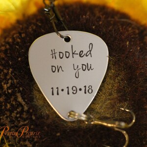 Hooked on You Fishing Lure, Custom Made Lure, Fishing Gifts, Valentine for Fisherman, Wedding Gift, Hand Stamped, Fishing Hook, Metal Lure