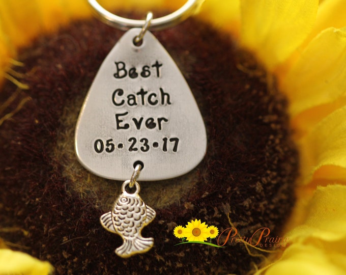 Best Catch Ever Keychain, Custom Fishing Keychain, Hand Stamped, Angler Gift, Dated Fishing Keychain, Initials, Husband Gift, Fishing Gift