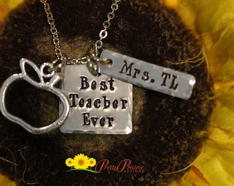 Best Teacher Ever Necklace, Teachers Gift, Personalized, Hand Stamped, Teacher Appreciation, Apple Necklace, End of Year, Teacher Keychain