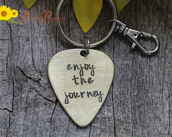 Enjoy the Journey Guitar Pick Keychain, Graduation Gift, Music Teacher, Band Member, Guitarist Gift, Hand Stamped, Custom, Music Lover Gift