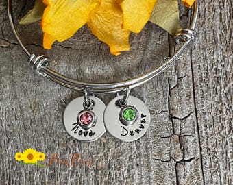 Personalized Birthstone Bangle, Mom Jewelry, Silver Charm Bracelet, Birthstone Bracelet, Grandmother Gift, Mother's Day Gift, Family Jewelry