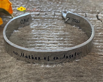 Mother of an Angel Cuff, Remembrance Jewelry, Wing Charms, Grief Bracelet, Hand Stamped Sister Bracelet