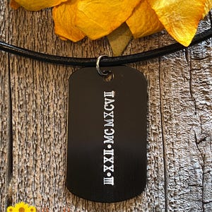 Black Dog Tag Date Necklace, Roman Numeral Dog Tag, Retirement Gift, Memorial Necklace, Dad Gift, Father&#39;s Day, Anniversary for Him