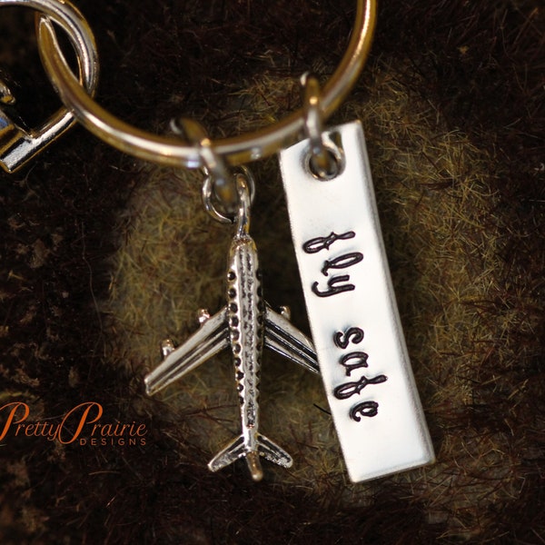 Fly Safe Keychain, Travelers Gift, Goodbye Gift, Pilot's Gift, Stewardess Gift, Plane Charm, Good Luck, Going Away Present, Helicopter Charm