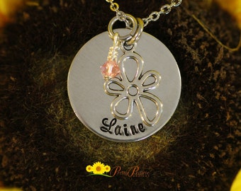 Flower Girl Necklace, Hand Stamped, Personalized, Little Girl's Jewelry, Bridesmaid Jewelry, Flower Charm, Wedding Necklace, Daughter Gift