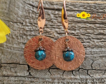 Hand Stamped Copper Disc Earrings, Turquoise Gemstone, Southwestern Jewelry
