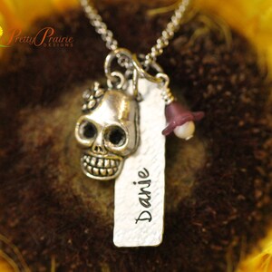 Silver Skull Name Necklace, Day of the Dead Necklace, Hand Stamped, Pirate Lover, Goth Jewelry, Teen Birthday, Skull Jewelry, Daughter Gift