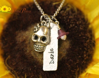 Silver Skull Name Necklace, Day of the Dead Necklace, Hand Stamped, Pirate Lover, Goth Jewelry, Teen Birthday, Skull Jewelry, Daughter Gift