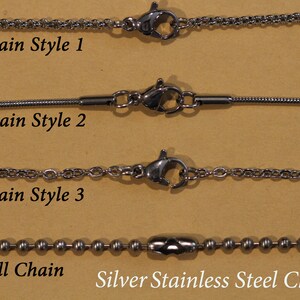May include: Four different styles of silver stainless steel chains, including a ball chain, a chain style 1, a chain style 2, and a chain style 3.