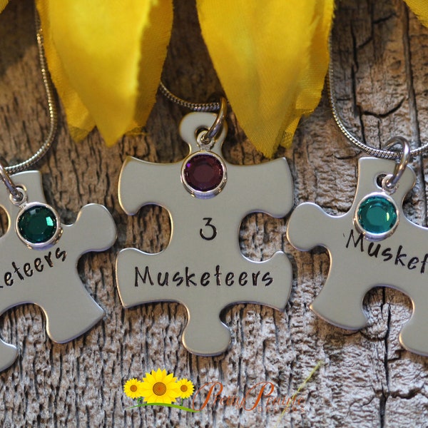 Musketeer Puzzle Piece Necklace Set, Hand Stamped, BFF Puzzle Piece Gift, Sisters, Mother Daughter Jewelry, Sorority Sisters Necklace Set