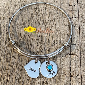 Mom&#39;s Personalized Birthstone Bangle, Hand Stamped Gift, Custom Birthstone Bracelet, Mothers Jewelry, Kid&#39;s Name Bangle Bracelet, Mom Bangle