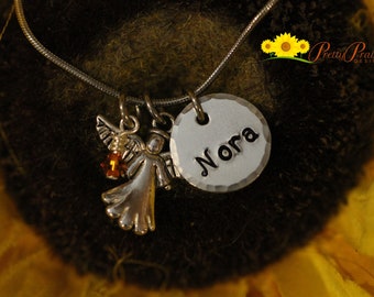 Angel Name Necklace, Guardian Angel Charm, Memorial Jewelry, Hand Stamped, First Communion Gift, Remembrance Jewelry, Daughter Necklace