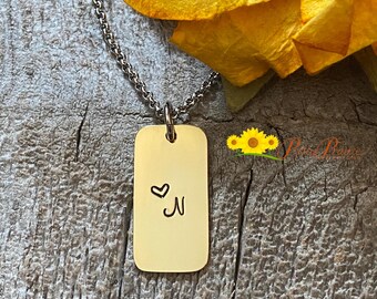 Mini Dog Tag Initial Heart Necklace, Dog Tag Jewelry, Hand Stamped, Simple Jewelry, Initial Necklace, Dog Tag for Her, Silver, Gold, Rose