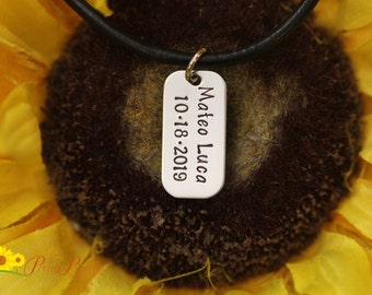 Mini Dog Tag Name and Date Necklace, Personalized, Child's Name, Birthdate Tag, Memorial Necklace, New Dad Gift, Father's Day Gift, New Baby