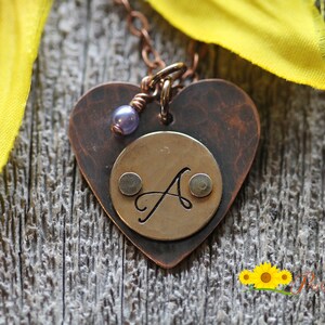 Mixed Metal Rivet Initial Necklace,  Heart Necklace, Copper, Brass, Daughter Gift, Antiqued, Valentine Gift, Personalized Initial Necklace