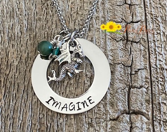 Imagine Dragon Necklace, Gothic Necklace, Graduation Gift, Hand Stamped, Dragon Jewelry, Power, Strength, Good Luck Gift, Medieval Jewelry