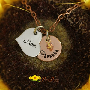 Mixed Metal Mother&#39;s Necklace, Personalized Jewelry, New Mom Gift, Mother&#39;s Day, Multiple Name Discs, Heart Jewelry, Birthstone Necklace