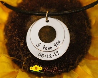 I Love You Stacked Washer Necklace, Valentine Gift, Anniversary Necklace, Hand Stamped, Engagement Gift for Fiancé, Special Date Necklace