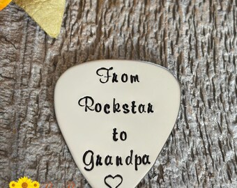 From Rockstar to Grandpa Guitar Pick, Pregnancy Reveal, Hand Stamped Metal Pick, Birth Announcement, Birthday for Grandfather