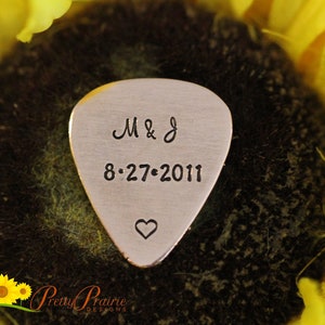 Initial and Date Guitar Pick, Anniversary Gift, Hand Stamped Pick, Engraved Guitar Pick, Retirement Gift, Personalized Pick, Metal Pick