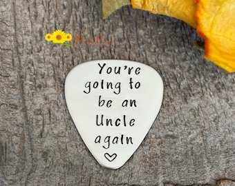 Uncle Again Pregnancy Reveal Guitar Pick, New Uncle Keychain, Hand Stamped Metal Guitarist Gift, Aunt Birth Announcement