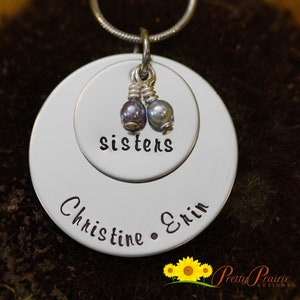 Sisters Necklace, Big Sister Little Sister Jewelry, Hand Stamped Name Necklace, Personalized, Pearl Jewelry, Stacked Disc, Gift for Sisters