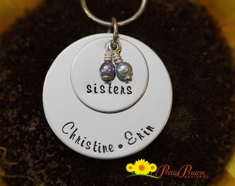 Sisters Necklace, Big Sister Little Sister Jewelry, Hand Stamped Name Necklace, Personalized, Pearl Jewelry, Stacked Disc, Gift for Sisters