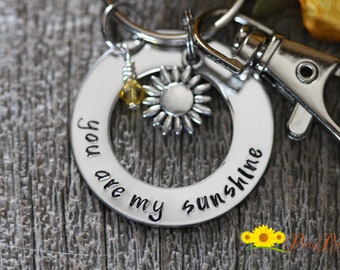 You are My Sunshine Keychain, Washer Keyring, Hand Stamped Sunshine Key Chain, Daughter Gift, Custom Sunshine gift, Girlfriend Gift