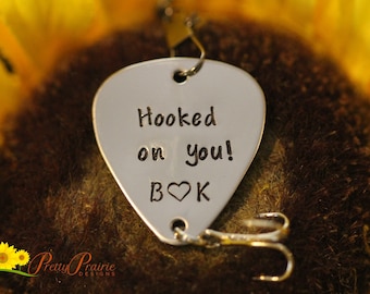 Hooked on You Initial Lure, Custom Lure, Fishing Gift, Valentine for Fisherman, Wedding Gift, Hand Stamped, Metal Fish Hook, Personalized