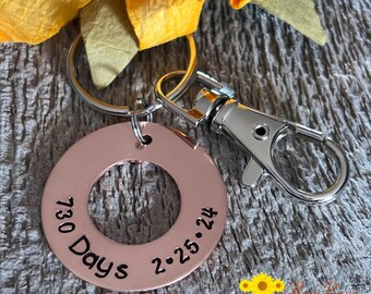 Sobriety Days Keychain, Hand Stamped Washer Keyring, Anniversary Recovery Gift, Personalized Sober Living Medallion, Dated Recovery Present