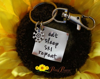 Eat Sleep Ski Repeat Keychain, Ski Keychain, Hand Stamped, Gift for a Skier, Winter Sport Gift, I Love to Ski Present, Snowflake Charm